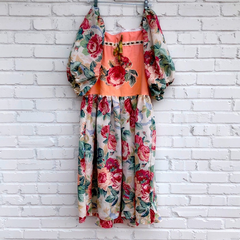 Handmade cotton shabby chic garden floral dress puff sleeve tea length midi boho